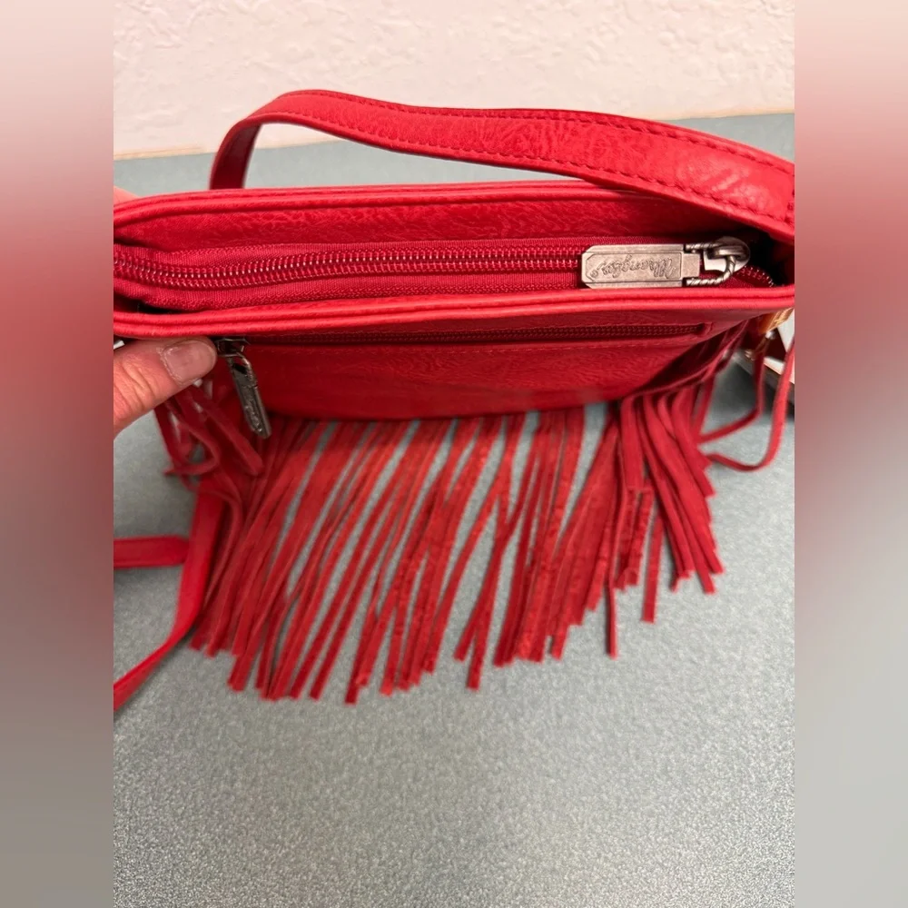Wrangler Leather Fringe Denim Red Crossbody Bag - Picture 11 of 15